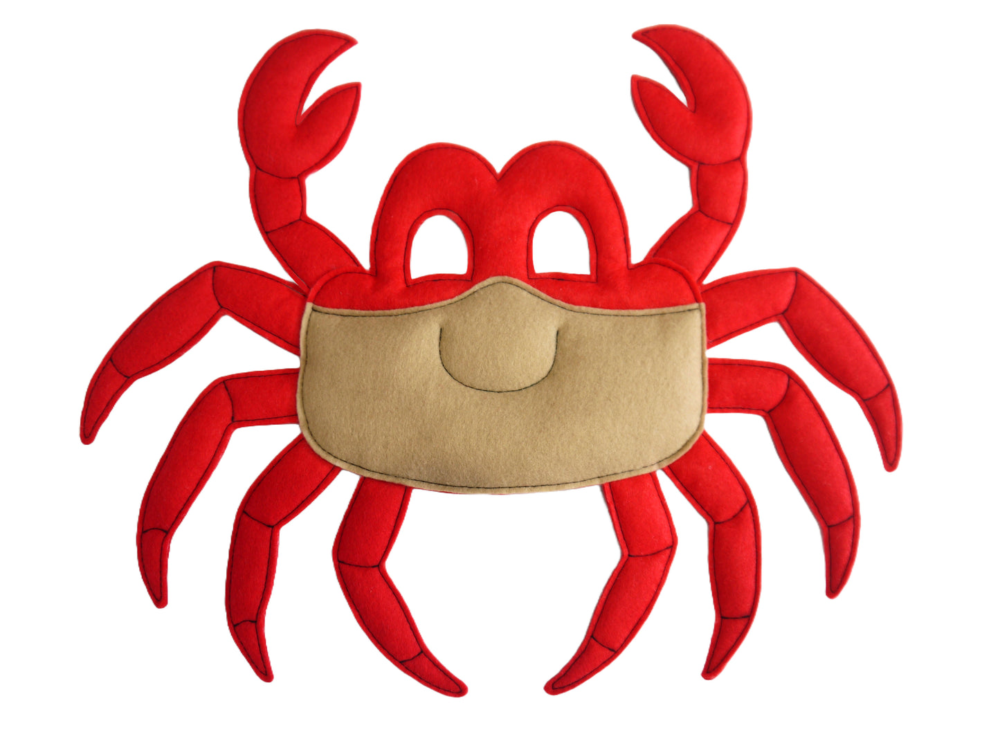 Crab costume mask. Large red crab with beige mouth and embroidered smile. Quilted style mask. Inspired by Sebastian from the little mermaid.